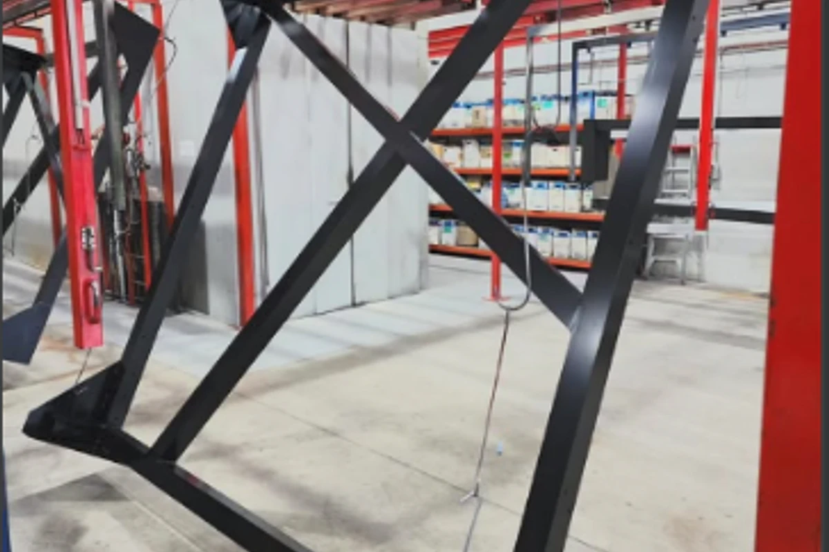 Large black fabricated metal frame powder coated at the Taren Point facility